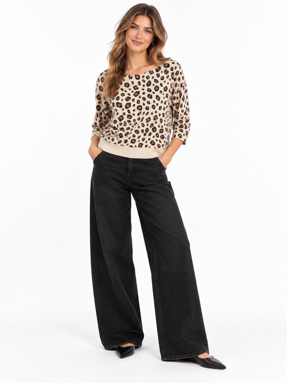 J.Crew Leopard Print Sweatshirt Top Small Cream Brown 3/4 Sleeve Animal Print